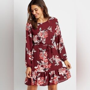 Maurice’s Ruffles Floral Burgundy Tie Waist Mini Dress Size Medium
